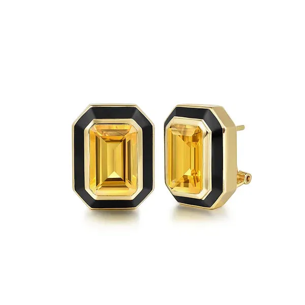 Gemstone Emerald Cut Earrings With Flower Pattern J-Back & Black Enamel