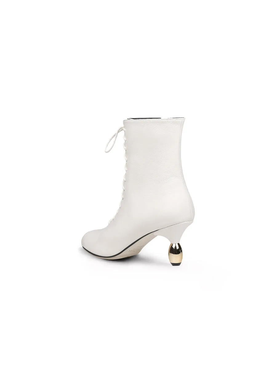 Genuine Leather Golden Drop Heeled White Bootie Ankle Boots