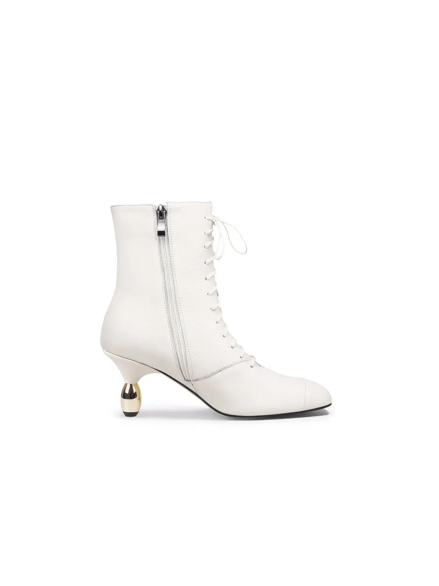 Genuine Leather Golden Drop Heeled White Bootie Ankle Boots