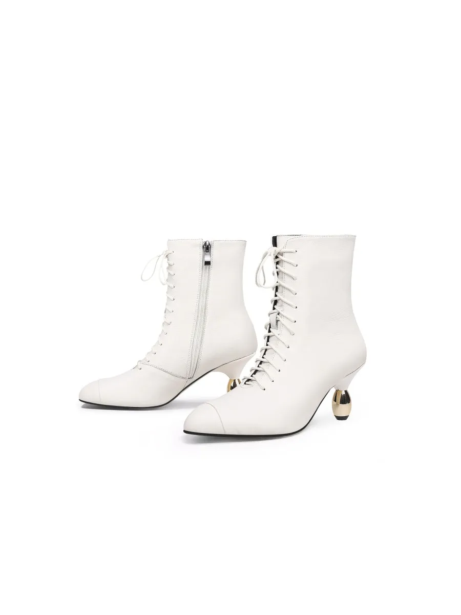 Genuine Leather Golden Drop Heeled White Bootie Ankle Boots