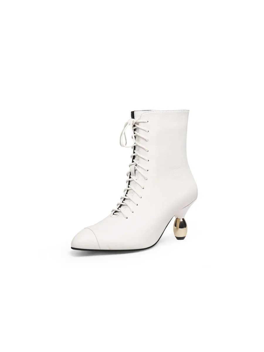 Genuine Leather Golden Drop Heeled White Bootie Ankle Boots