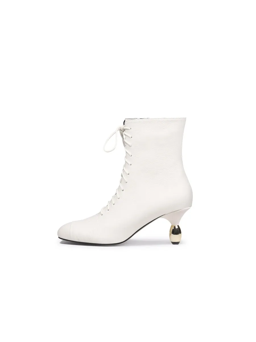 Genuine Leather Golden Drop Heeled White Bootie Ankle Boots
