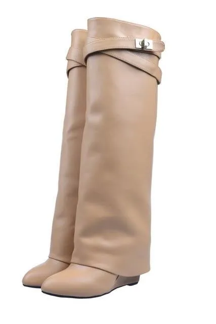 genuine leather pointed toe buckle strap lock wedge gladiator knee high tall boots size34-42