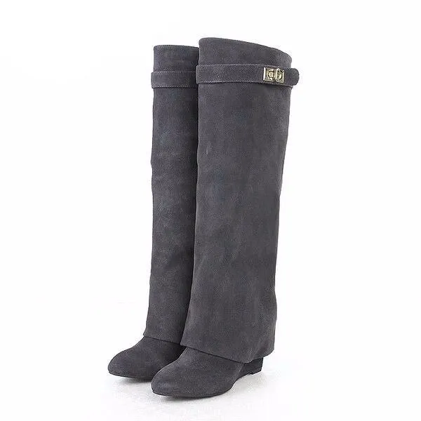 genuine leather pointed toe buckle strap lock wedge gladiator knee high tall boots size34-42