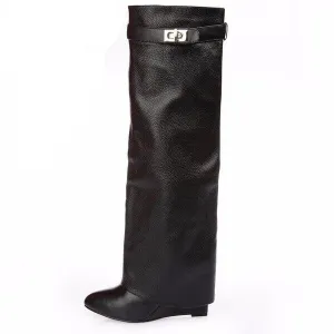 genuine leather pointed toe buckle strap lock wedge gladiator knee high tall boots size34-42