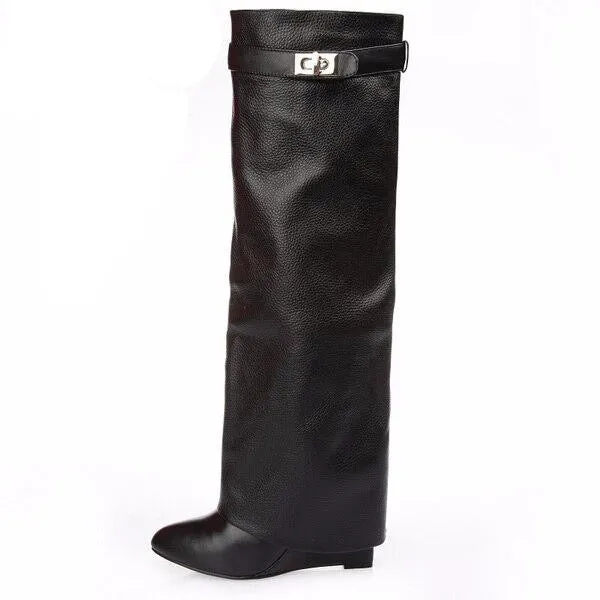 genuine leather pointed toe buckle strap lock wedge gladiator knee high tall boots size34-42