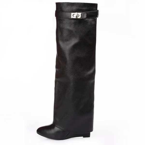genuine leather pointed toe buckle strap lock wedge gladiator knee high tall boots size34-42
