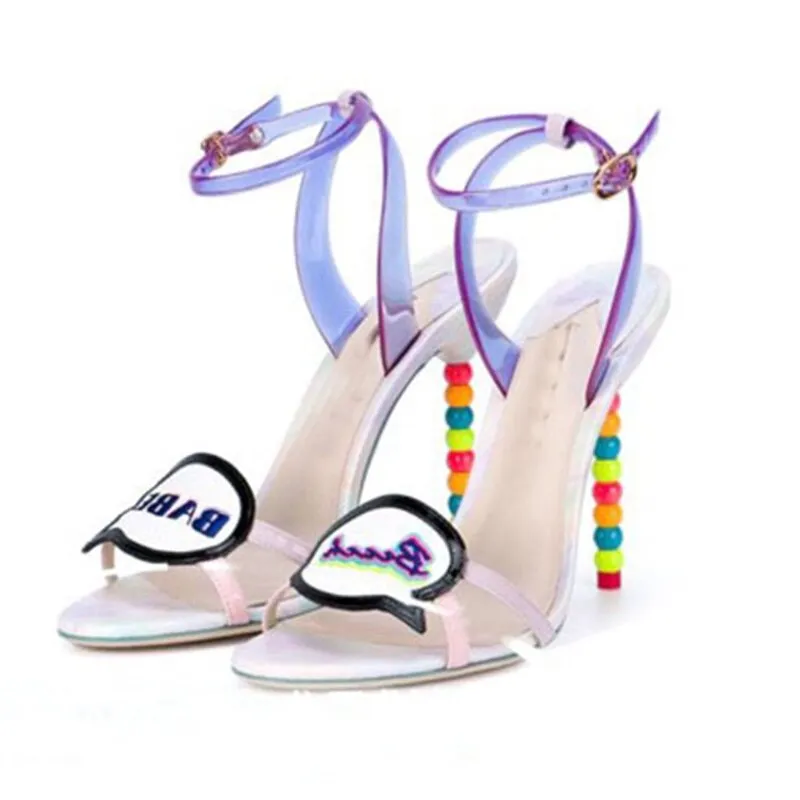 Genuine leather sandals women string beaded high heels striped catwalk T show letter decor gladiator shoes zapatos mujer