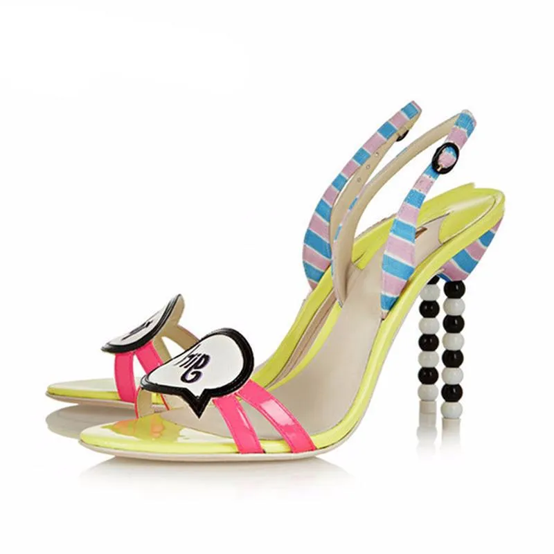 Genuine leather sandals women string beaded high heels striped catwalk T show letter decor gladiator shoes zapatos mujer