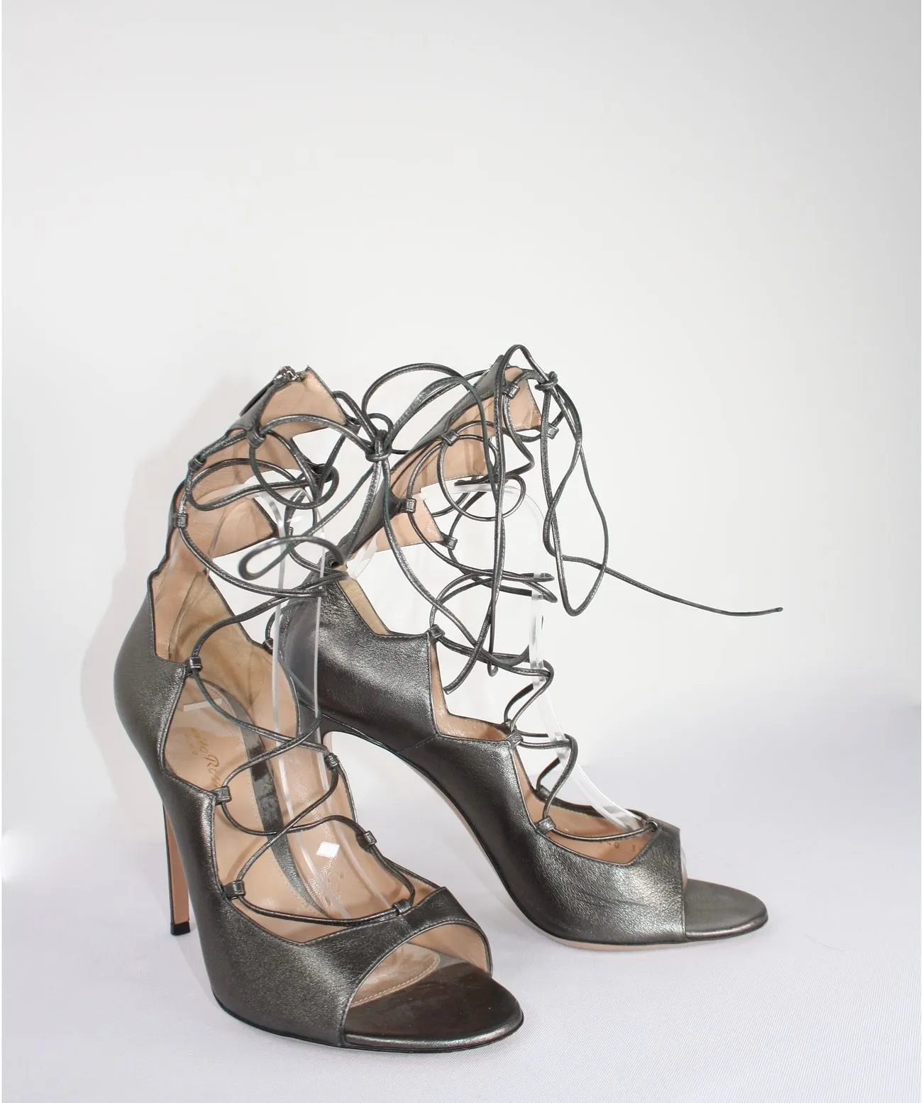 GIANVITO ROSSI Silvery Grey Metallic Lace Up Gladiator Heels UK 6.5 EU 39.5