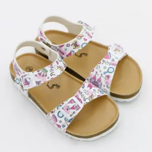 Girls' Summer Floral Print Cork Outsole Faux Leather Sandals - White, Beige