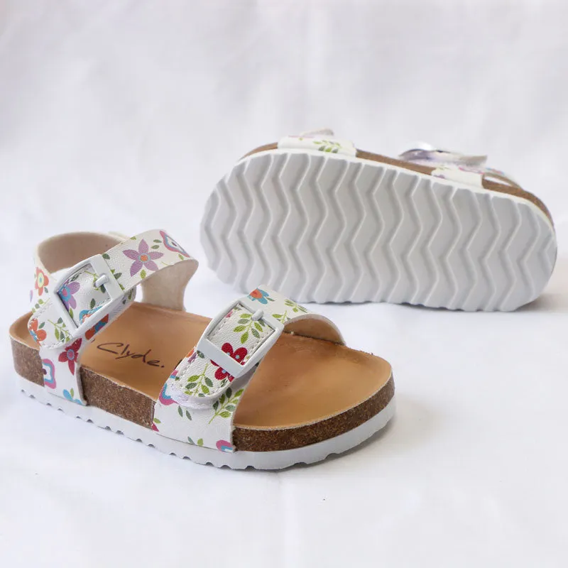 Girls' Summer Floral Print Cork Outsole Faux Leather Sandals - White, Beige
