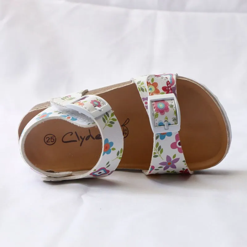 Girls' Summer Floral Print Cork Outsole Faux Leather Sandals - White, Beige