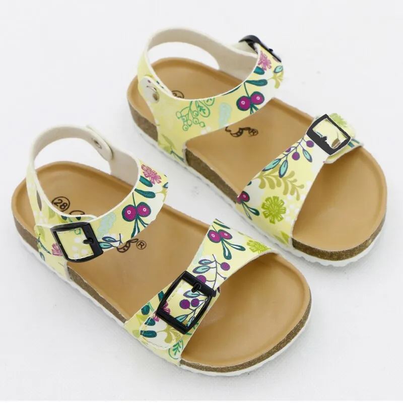 Girls' Summer Floral Print Cork Outsole Faux Leather Sandals - Yellow, Fluorescent Yellow