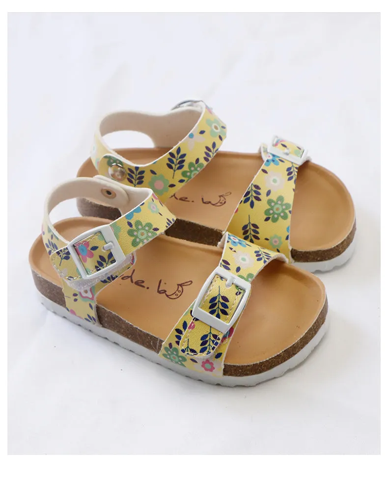 Girls' Summer Floral Print Cork Outsole Faux Leather Sandals - Yellow, Fluorescent Yellow
