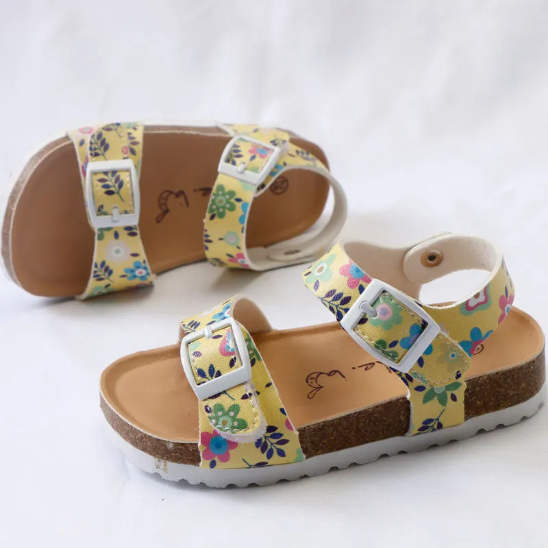 Girls' Summer Floral Print Cork Outsole Faux Leather Sandals - Yellow, Fluorescent Yellow