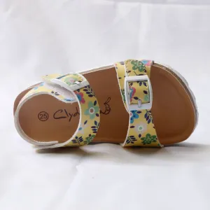 Girls' Summer Floral Print Cork Outsole Faux Leather Sandals - Yellow, Fluorescent Yellow