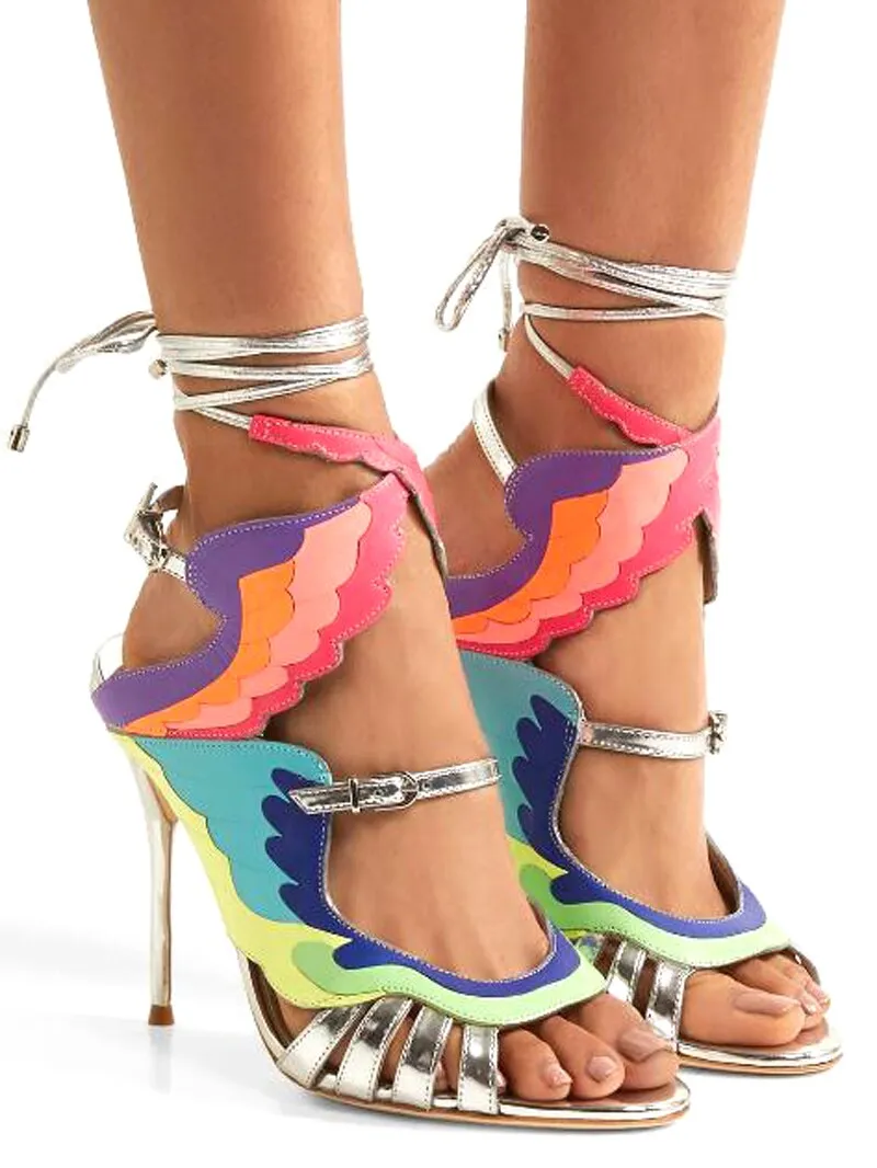 Gladiator Cut Out Mixed Colors Leather Straps Wing Sandals Ladies Lace Up High Heels Sexy Dress Stilettos Women Peep Toe Sandals