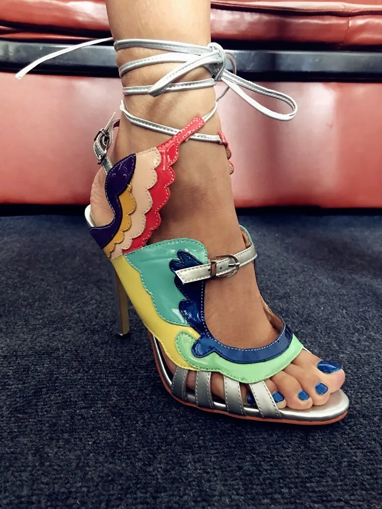 Gladiator Cut Out Mixed Colors Leather Straps Wing Sandals Ladies Lace Up High Heels Sexy Dress Stilettos Women Peep Toe Sandals