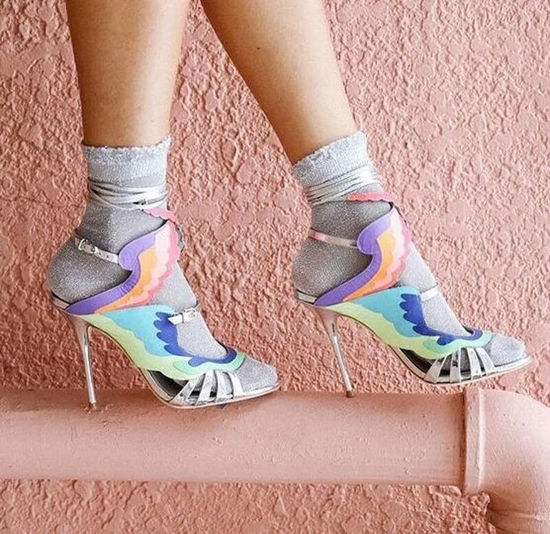 Gladiator Cut Out Mixed Colors Leather Straps Wing Sandals Ladies Lace Up High Heels Sexy Dress Stilettos Women Peep Toe Sandals