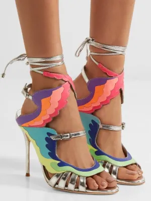 Gladiator Cut Out Mixed Colors Leather Straps Wing Sandals Ladies Lace Up High Heels Sexy Dress Stilettos Women Peep Toe Sandals