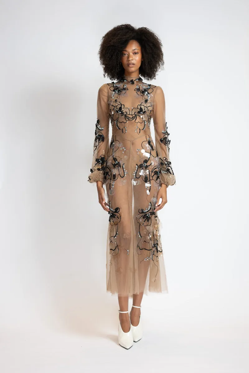 Glass Petal Embroidered Almond Tulle Dress