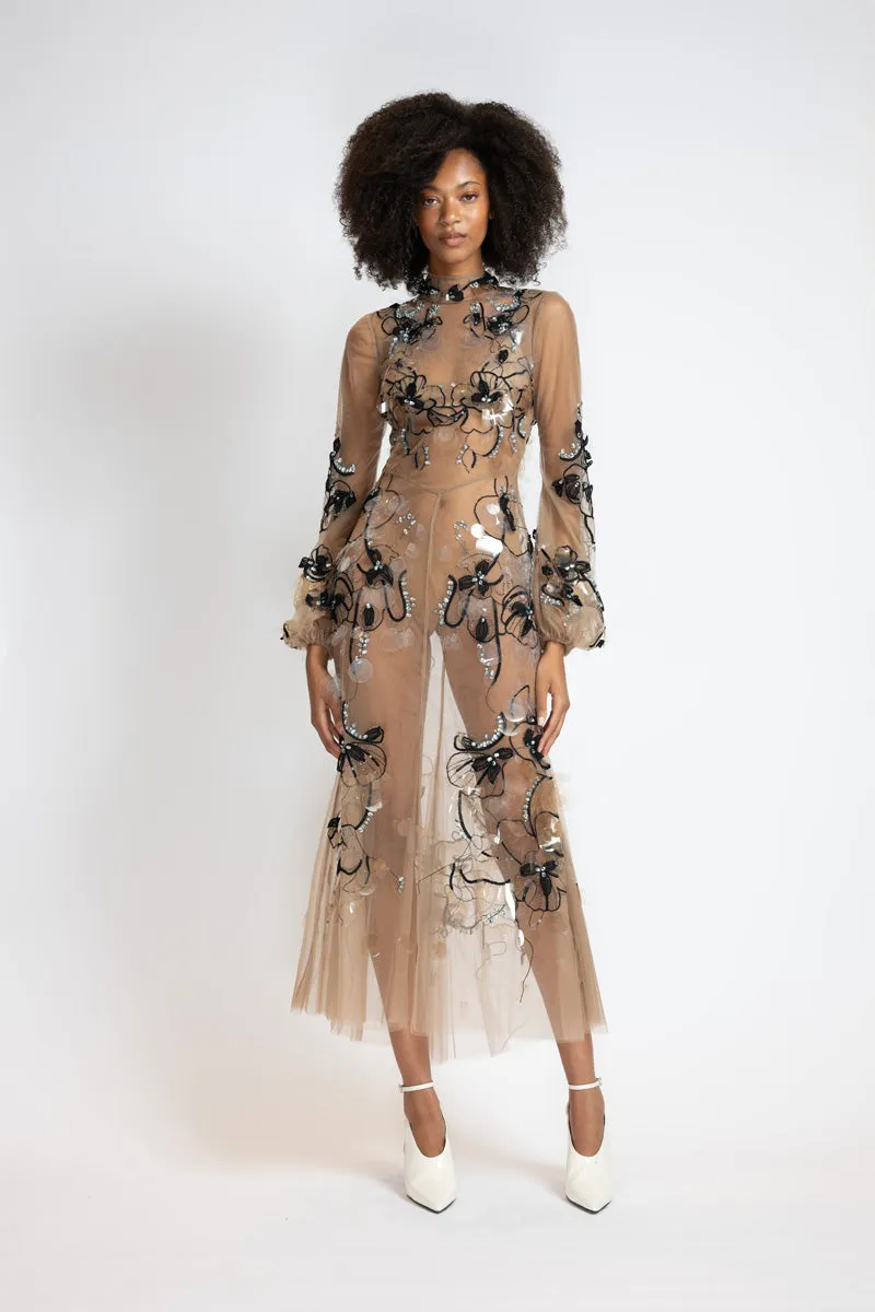 Glass Petal Embroidered Almond Tulle Dress