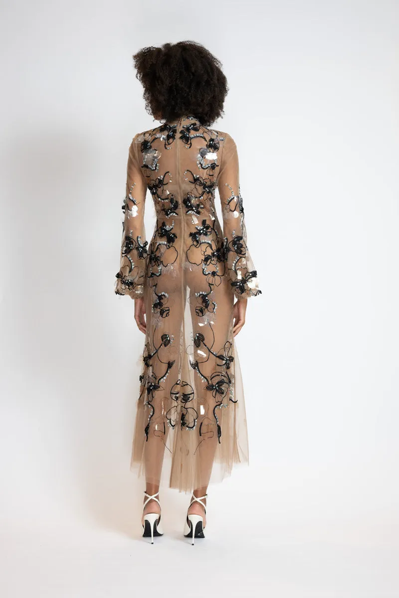 Glass Petal Embroidered Almond Tulle Dress