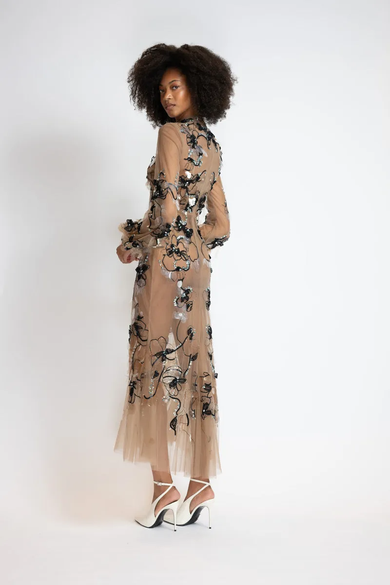 Glass Petal Embroidered Almond Tulle Dress