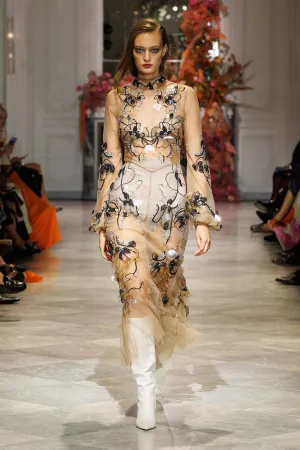 Glass Petal Embroidered Almond Tulle Dress