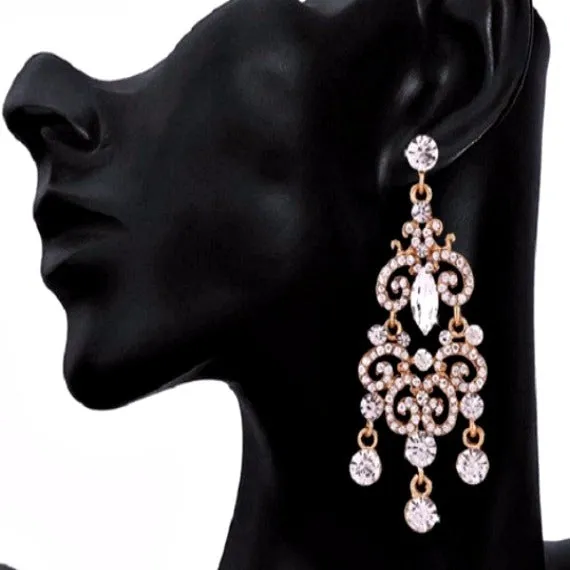 Gold Art Deco Crystal Long Bridal Chandelier Earrings. Rhinestone Wedding Earrings. Vintage Style Statement Bridal Earrings. Wedding Jewelry