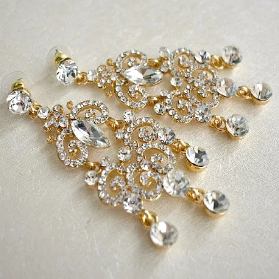 Gold Art Deco Crystal Long Bridal Chandelier Earrings. Rhinestone Wedding Earrings. Vintage Style Statement Bridal Earrings. Wedding Jewelry