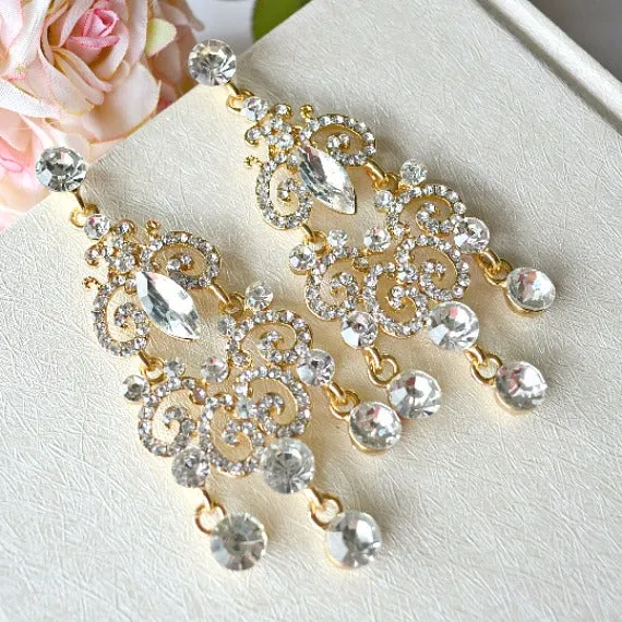 Gold Art Deco Crystal Long Bridal Chandelier Earrings. Rhinestone Wedding Earrings. Vintage Style Statement Bridal Earrings. Wedding Jewelry