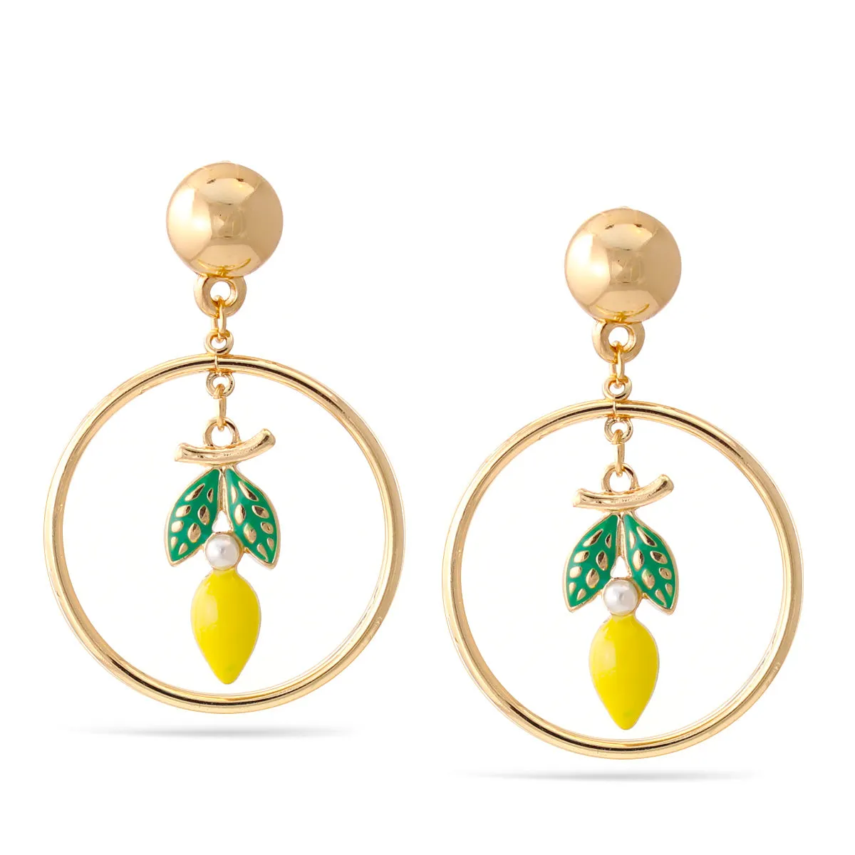 GOLD CIRCLE ENAMEL FLOWER AND FRUIT POST EARRINGS #SQ321-INT8233 (BH5)