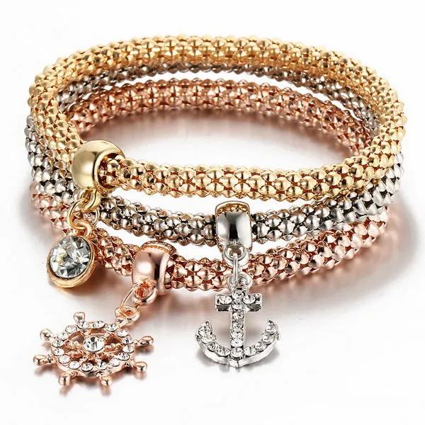 Gold Color Elephant Anchor Pendants Rhinestone Bracelet