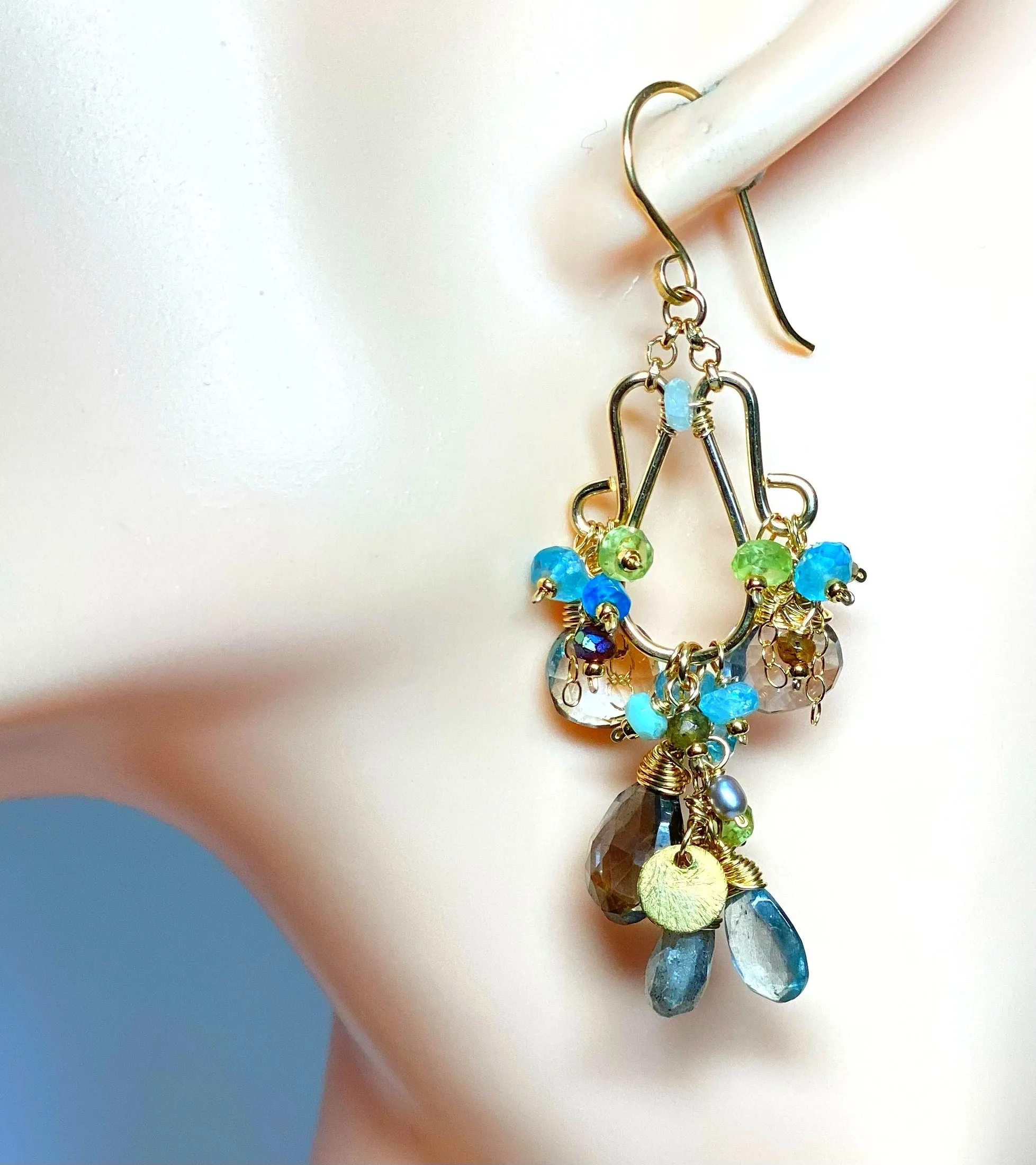 Gold Filled Gemstone Chandelier Earrings Moss Aquamarine, Smokey Quartz, Apatite