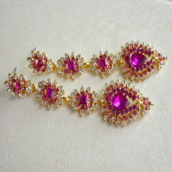 Gold Hot Fuchsia Pink Long Chandelier Earrings, Magenta Bridal Drop Earrings, Raspberry Pink Crystal Wedding Earrings, Pink Wedding