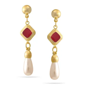 GOLD RED EPOXY AND PEARL DANGLE EARRINGS #FW-E161 GRP (SHCE4)