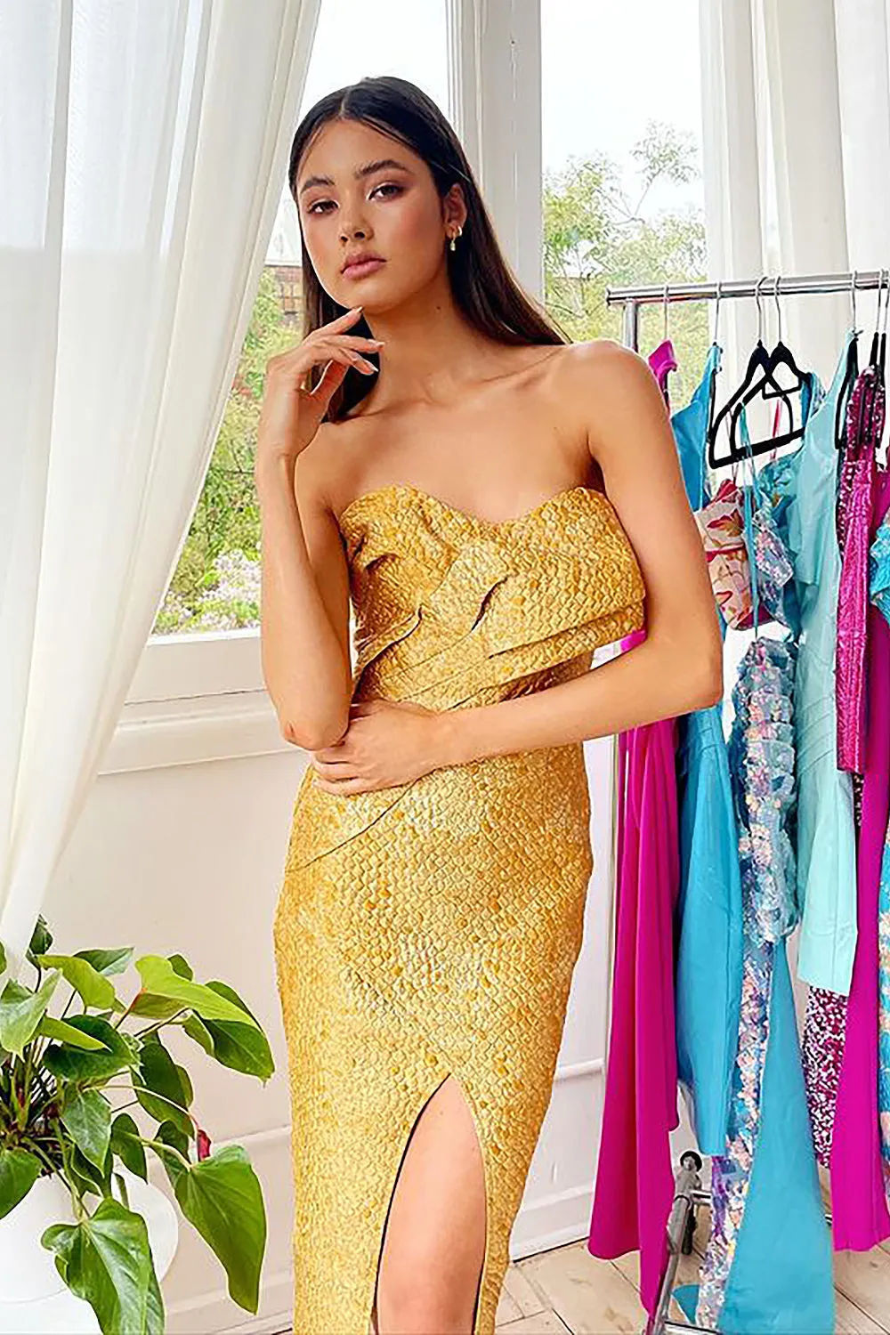 Gold Strapless Split Midi Dress