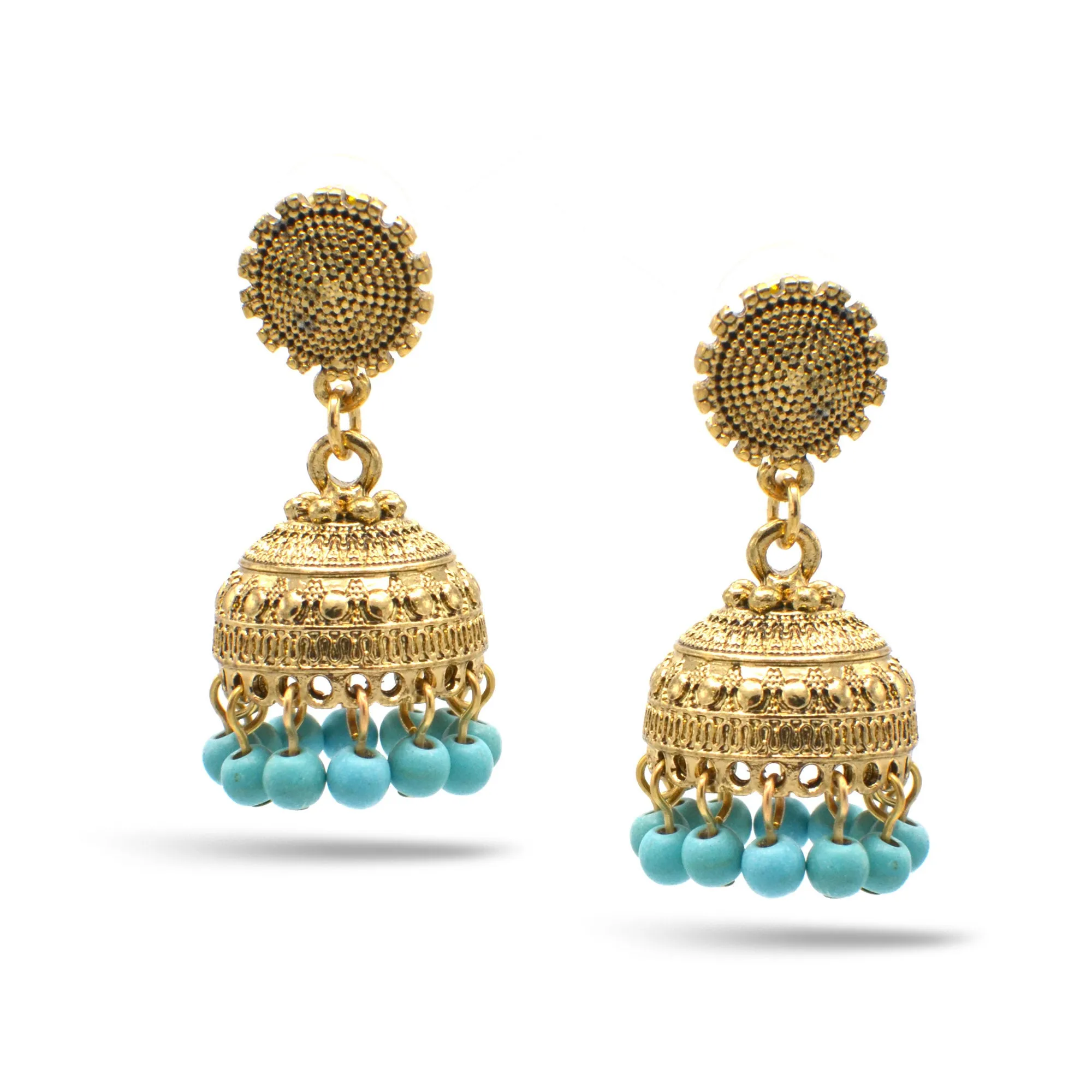 GOLD TURQUOISE  BEADS JHUMKA DROP EARRINGS#SQMJY-1702GT(PF5)