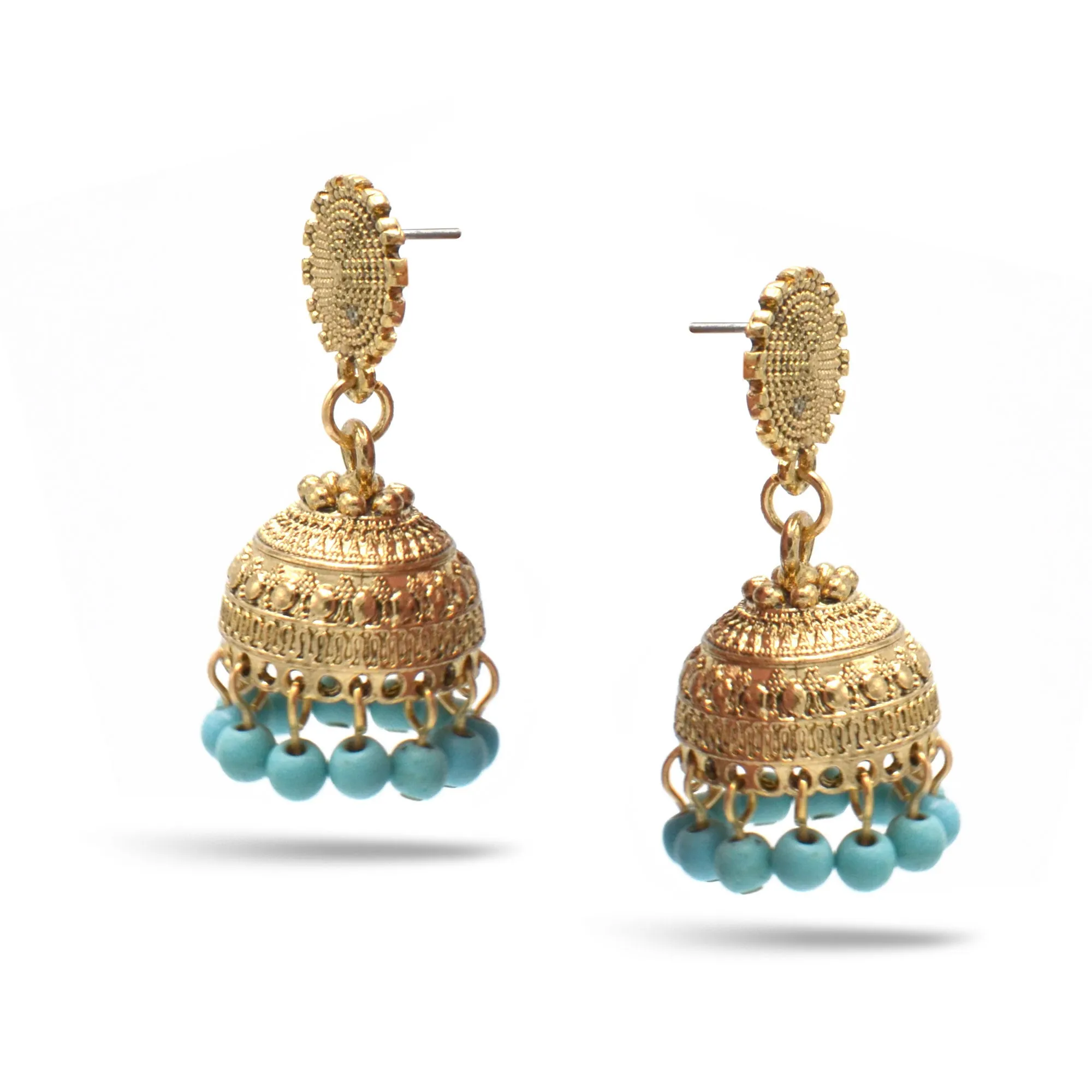 GOLD TURQUOISE  BEADS JHUMKA DROP EARRINGS#SQMJY-1702GT(PF5)