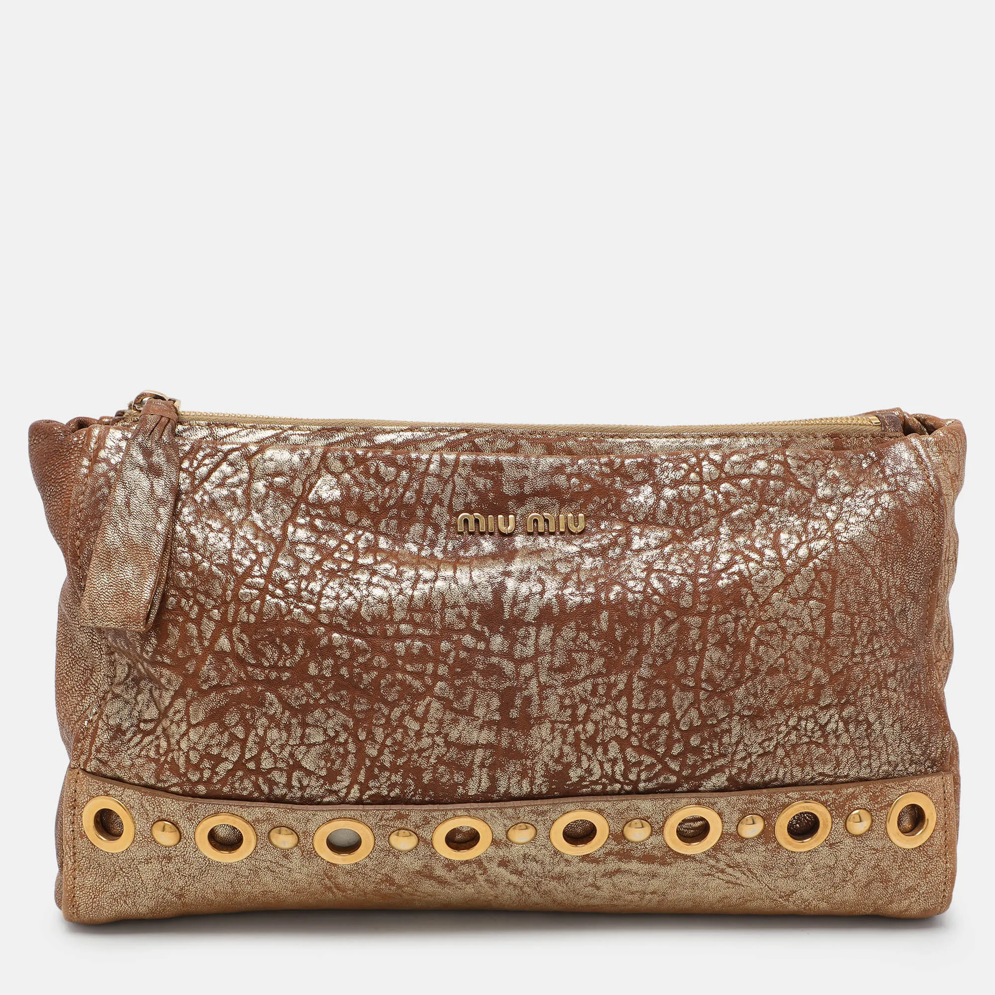Gold/Brown Textured Leather Clutch