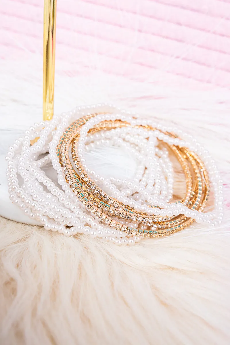 Goldtone Stacked Pearls and Rhinestone Beaded Bracelet Set