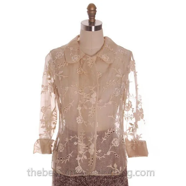 Gorgeous Vintage Over Blouse Silk Organdy Embroidered 1940s  S-M