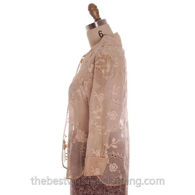 Gorgeous Vintage Over Blouse Silk Organdy Embroidered 1940s  S-M