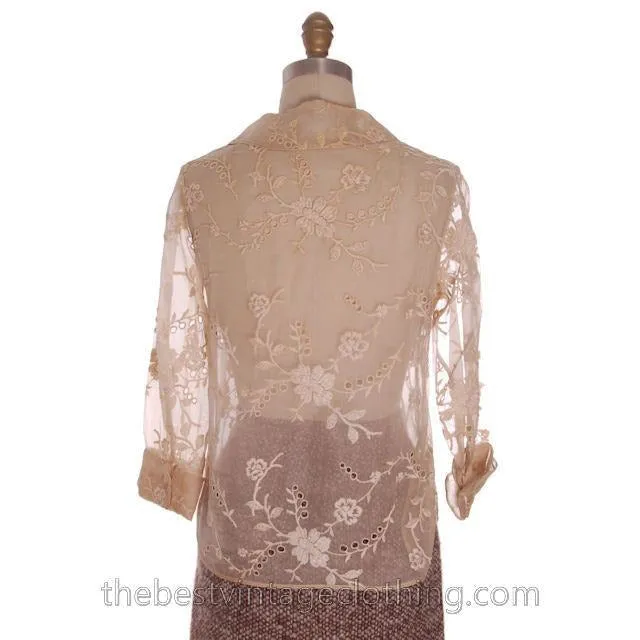 Gorgeous Vintage Over Blouse Silk Organdy Embroidered 1940s  S-M