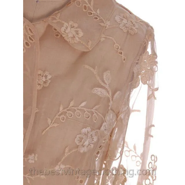 Gorgeous Vintage Over Blouse Silk Organdy Embroidered 1940s  S-M