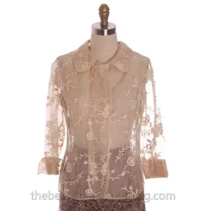 Gorgeous Vintage Over Blouse Silk Organdy Embroidered 1940s  S-M