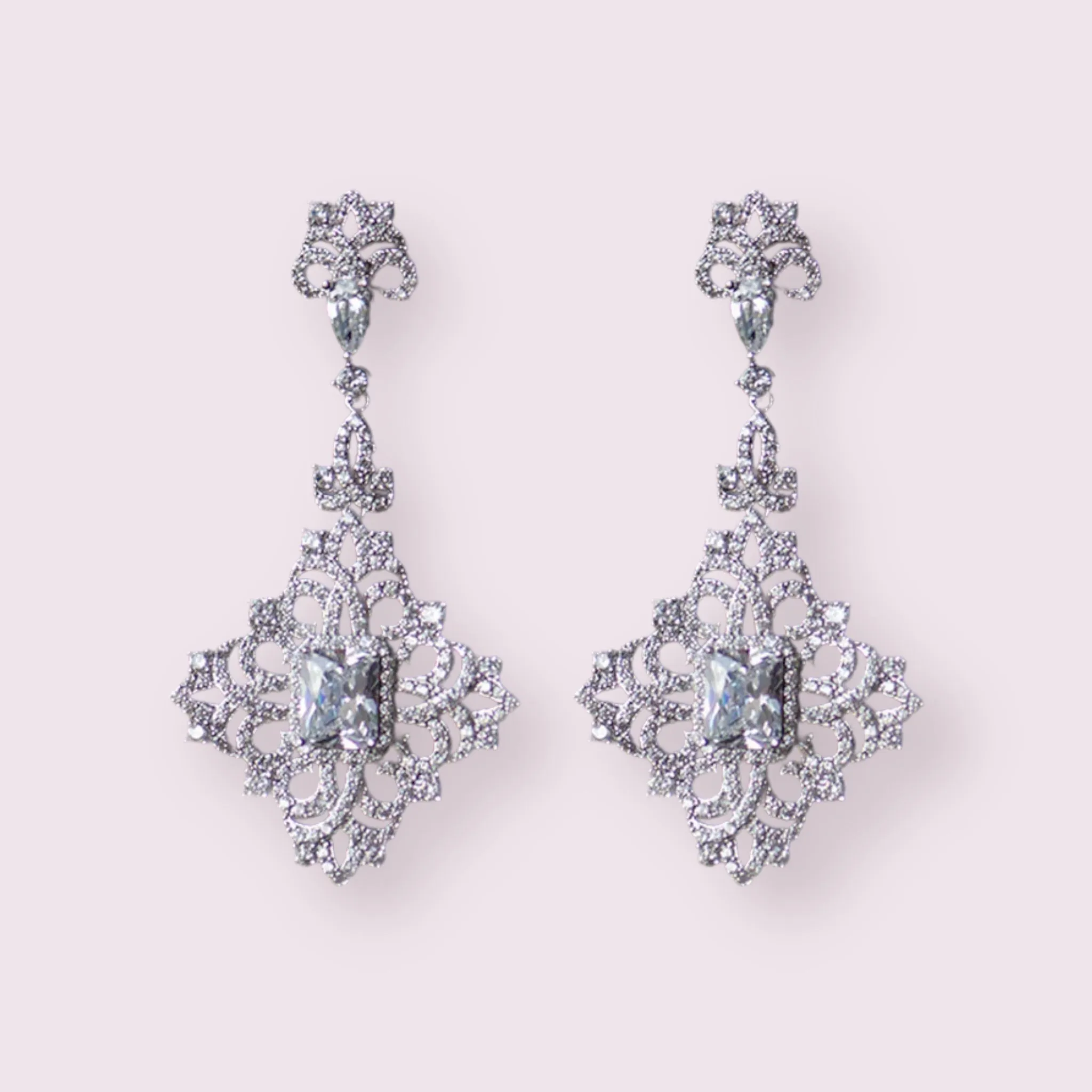 Gothic Diamond Shape Micro-Paved Chandelier Bridal Earrings, Sterling Silver Posts