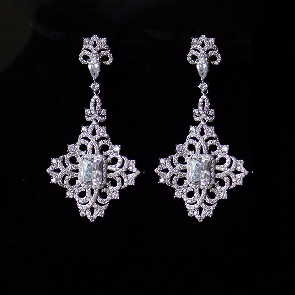 Gothic Diamond Shape Micro-Paved Chandelier Bridal Earrings, Sterling Silver Posts